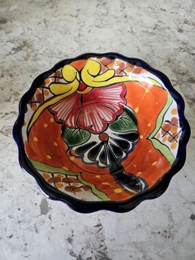 Hand-Painted Orange Talavera-Style Decorative Bowl